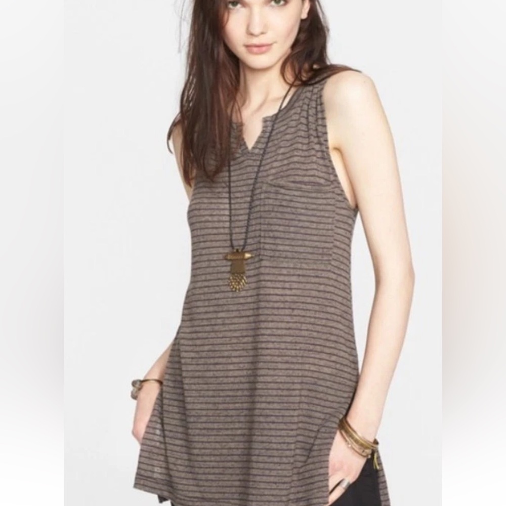 Free People We the Free Weekend Warrior Tank-Gray/Purple Stripe-Linen Blend-M